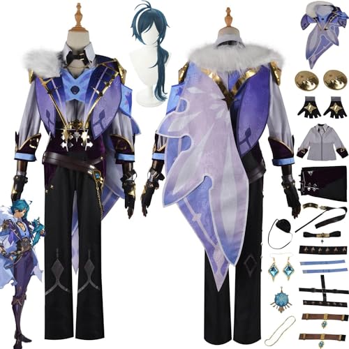 Mr.LQ Spielcharaktere Kaeya Cosplay Kostüm Outfit Genshin Impact Scaramouche Walker Blaue Uniform Komplettset Herren Jungen Halloween Dress Up Anzug Mit Perücke von Mr.LQ