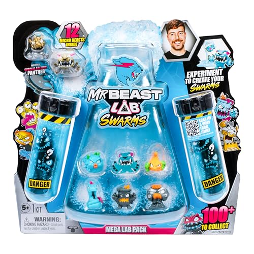 MrBeast Lab Swarms Mega-Laborpackung Chaos Chomper; Experimentieren, Wasser hinzufügen, Reagenzglas schütteln, 12 Sammelfiguren enthüllen; 100+ zum Sammeln; Mega-Packung mit Panther der Sonderedition von MrBeast Lab