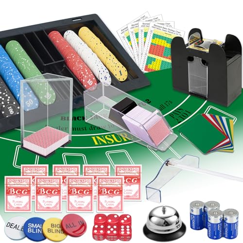 Super Casino Game Set: 6 Deck Shuffler+360pcs Chips+8 Poker Cards+Card Shoe+Chip Rake+Filz+Zubehör, Blackjack Set & Texas Holdem Complete Kit, Poker Night Kit für Casino Party Geschenk von MrCarbon