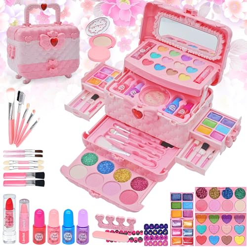 Kinderschminke Set Mädchen Schminkkoffer - 57 PCS Waschbar Kinder Make Up Set Schminkset Spielzeug,Rosa Schminke Halloween Weihnachts Geburtstag Geschenke Spielzeug für Prinzessin 4-12 Jahre von Mrabbitoo