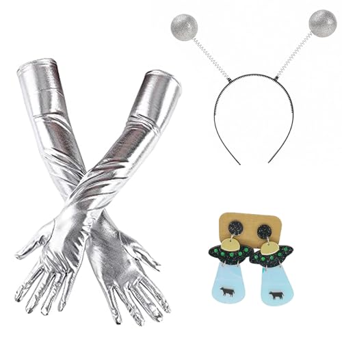 Alien Kostüm Set,Alien Accessoires - Glitzer Bopper Stirnband+Silber Lange Handschuhe+Schwarze Acryl UFO Ohrringe für Damen Verkleidung Erwachsene Kostüm Zubehör Alien Cosplay Kostümzubehör von Mrracxy