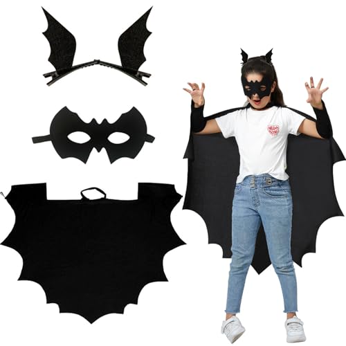 Mrracxy Halloween Fledermaus Umhang Kinder, Fledermaus Flügel Umhang mit Maske, Schwarz Fledermausflügel Bat Cap zum Verkleiden, Fledermaus Cosplay Kostüm für Halloween Karneval Fasching Maskerade von Mrracxy