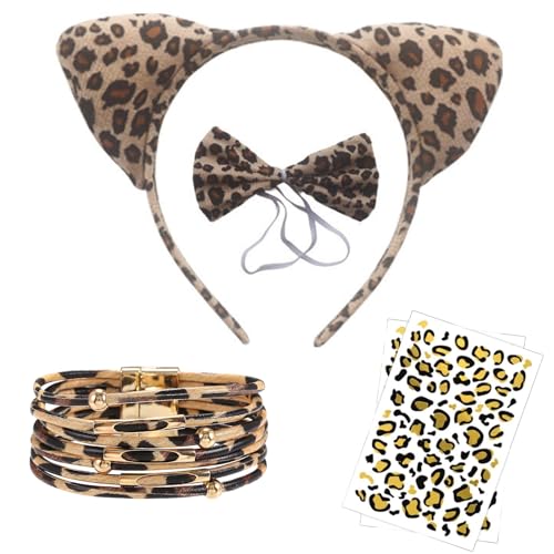 Mrracxy 4 Stück Leoparden Kostüm Set, Tier Kostüm Tier Verkleiden Set Leoparden Ohren Haarreif, Fliege, Armband mit Leopardenmuster Tattoo, Safari Outfit Kinder, Karneval, Fasching, Halloween von Mrracxy