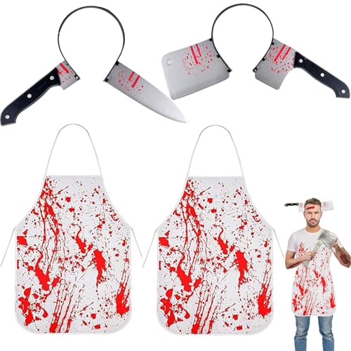 Mrracxy Horror Kostüm Accessoire Set für Damen - Messer im Kopf Haarreif + Metzger Schürze Halloween Fasching Karneval von Mrracxy