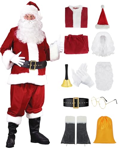 11pcs Weihnachtsmann Kostüm für Männer Santa Claus Nikolaus Kostüm Weihnachtsanzug Weihnachtsfeier und Weihnachtshut Weihnachtsmann Bart Perücke Deluxe Nikolauskostüm C053L von Mrsclaus