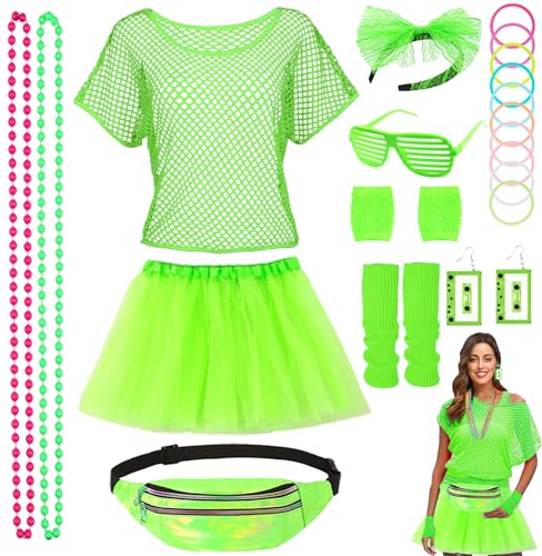 80er 90er Jahre Outfit Damen Zubehör Set Netzshirt mit Tutu Stirnband Ohrring Halskette 80 er Neon Kostüm Party Outfit Netzoberteil Damen 80er Kleidung für Karneval Fasching Fraun Mädchen (Grün) C036 von Mrsclaus