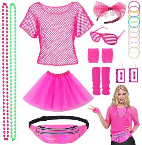 80er 90er Jahre Outfit Damen Zubehör Set Netzshirt mit Tutu Stirnband Ohrring Halskette 80 er Neon Kostüm Party Outfit Netzoberteil Damen 80er Kleidung für Karneval Fasching Fraun Mädchen (Rosa) C035 von Mrsclaus