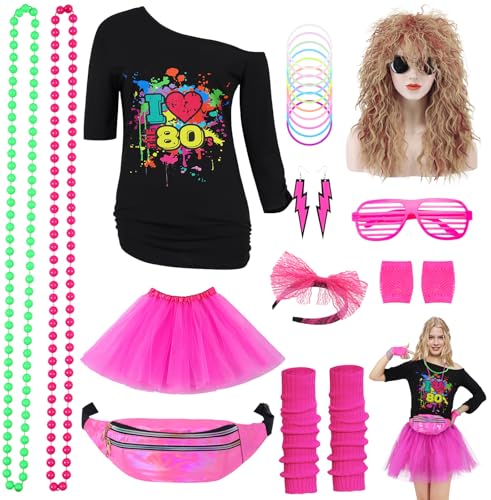 80er Jahre Outfit Damen 80 Jahre Kostüm Zubehör Set 80er T-Shirt Perücke Tutu Bauchtasche Ohrring Halskette Retro Neon 80 Jahre Outfit Party Kostüm Accessoires für Karneval Mottoparty 032XXXL von Mrsclaus