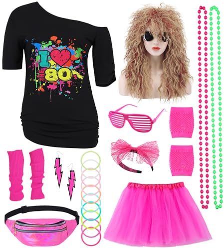 80er Jahre Outfit Damen 80 Jahre Kostüm Zubehör Set 80er T-Shirt Perücke Tutu Bauchtasche Ohrring Halskette Retro Neon 80 Jahre Outfit Party Kostüm Accessoires für Karneval Mottoparty 032XXXL von Mrsclaus