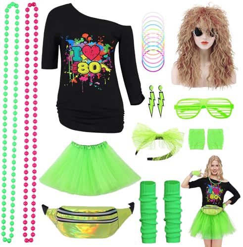 80er Jahre Outfit Damen 80 Jahre Kostüm Zubehör Set 80er T-Shirt Perücke Tutu Bauchtasche Ohrring Halskette Retro Neon 80 Jahre Outfit Party Kostüm Accessoires für Karneval Mottoparty 033XXXL von Mrsclaus