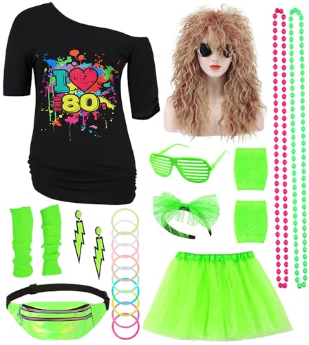 80er Jahre Outfit Damen 80 Jahre Kostüm Zubehör Set 80er T-Shirt Perücke Tutu Bauchtasche Ohrring Halskette Retro Neon 80 Jahre Outfit Party Kostüm Accessoires für Karneval Mottoparty 033XXXL von Mrsclaus