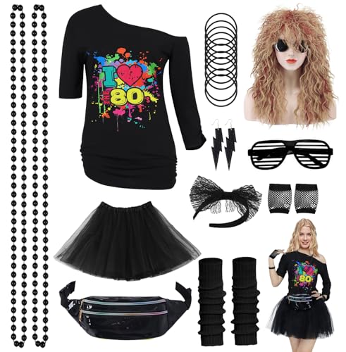 80er Jahre Outfit Damen 80 Jahre Kostüm Zubehör Set 80er T-Shirt Perücke Tutu Bauchtasche Ohrring Halskette Retro Neon 80 Jahre Outfit Party Kostüm Accessoires für Karneval Mottoparty 034XXXL von Mrsclaus