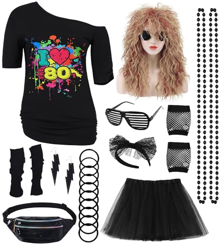 80er Jahre Outfit Damen 80 Jahre Kostüm Zubehör Set 80er T-Shirt Perücke Tutu Bauchtasche Ohrring Halskette Retro Neon 80 Jahre Outfit Party Kostüm Accessoires für Karneval Mottoparty 034XXXL von Mrsclaus