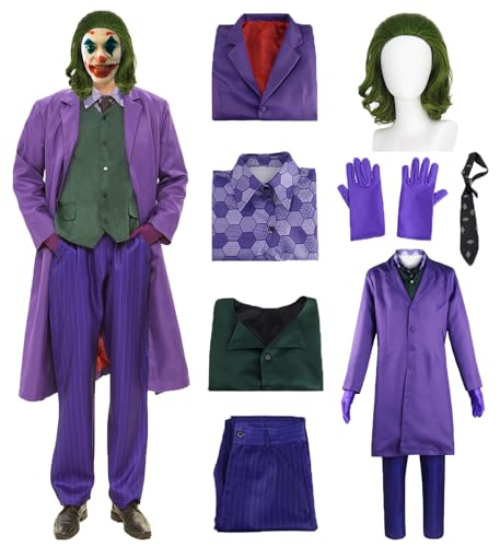 Clown Kostüm Herren Clown Cosplay Outfit lila Mantel mit Weste Hemd Hose Krawatte Handschuh Perücke 8 Pcs Deluxe Set Zubehör Karneval Männer Bösewicht Kostüme für Erwachsene Halloween Anzug C045S von Mrsclaus