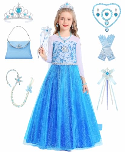 Elsa Kostüm Mädchen Prinzessin Kleid Set Eiskönigin Faschings Kostüme Kinder Fastnacht Geburtstag Verkleidung Eisprinzessin Cosplay Party Blau Outfits mit Zubehör Zauberstab Krone Perücke C069XXL von Mrsclaus