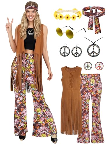 Hippie Kostüm Damen, Hippy Damen Bekleidung Weste 60er 70er Damenwesten ärmellos mit Schlaghose Bunt Farnevalskostüm Damen Mädchen Disco Mottoparty Outfit für Fasching Fastnacht C065L von Mrsclaus