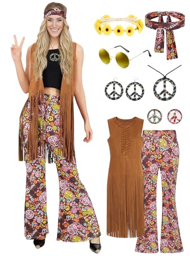 Hippie Kostüm Damen, Hippy Damen Bekleidung Weste 60er 70er Damenwesten ärmellos mit Schlaghose Bunt Farnevalskostüm Damen Mädchen Disco Mottoparty Outfit für Fasching Fastnacht C065L von Mrsclaus