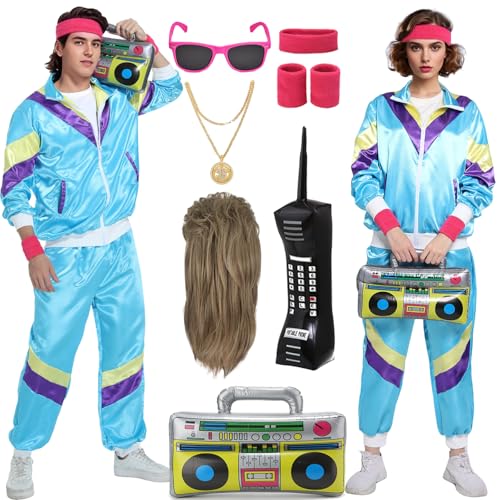 Mrsclaus 80er 90er Jahre Outfit für Herren Damen Jogginganzug Trainingsanzug Kostüm Erwachsene Disco Karneval Partnerkostüme Set mit Pop Rock Perücke Radio Telefon C055L von Mrsclaus