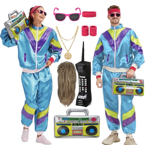 Mrsclaus 80er 90er Jahre Outfit für Herren Damen Jogginganzug Trainingsanzug Kostüm Erwachsene Disco Karneval Partnerkostüme Set mit Pop Rock Perücke Radio Telefon C055XL von Mrsclaus