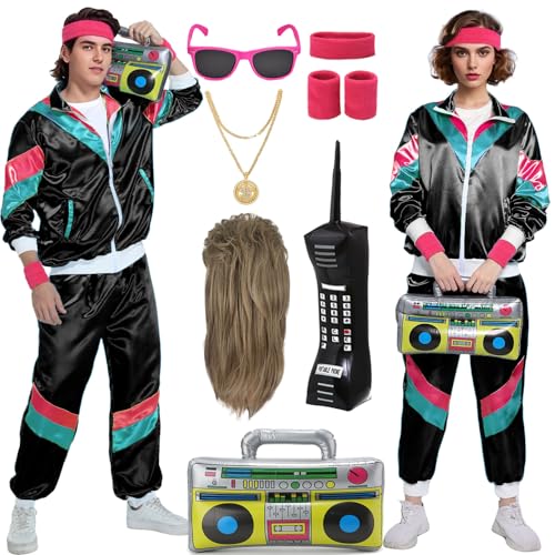 Mrsclaus 80er 90er Jahre Outfit für Herren Damen Jogginganzug Trainingsanzug Kostüm Erwachsene Disco Karneval Partnerkostüme Set mit Pop Rock Perücke Radio Telefon C056S von Mrsclaus