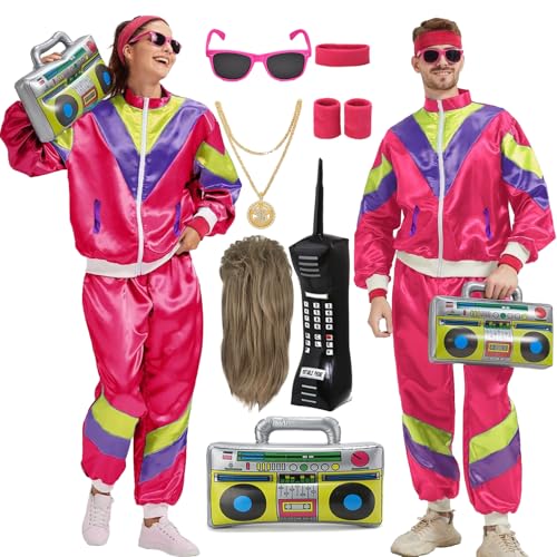 Mrsclaus 80er 90er Jahre Outfit für Herren Damen Jogginganzug Trainingsanzug Kostüm Erwachsene Disco Karneval Partnerkostüme Set mit Pop Rock Perücke Radio Telefon C057L von Mrsclaus