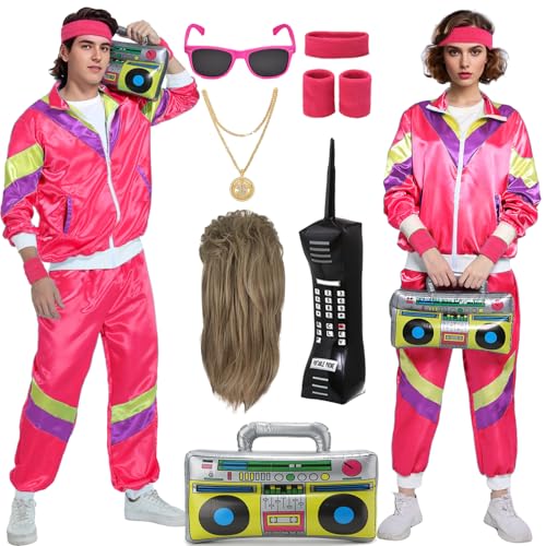 Mrsclaus 80er 90er Jahre Outfit für Herren Damen Jogginganzug Trainingsanzug Kostüm Erwachsene Disco Karneval Partnerkostüme Set mit Pop Rock Perücke Radio Telefon C057M von Mrsclaus