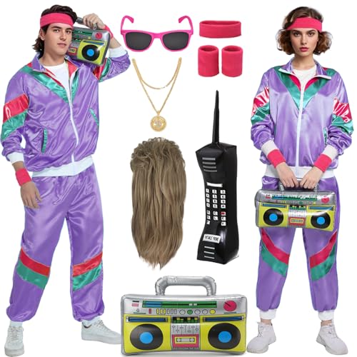 Mrsclaus 80er 90er Jahre Outfit für Herren Damen Jogginganzug Trainingsanzug Kostüm Erwachsene Disco Karneval Partnerkostüme Set mit Pop Rock Perücke Radio Telefon C058L von Mrsclaus