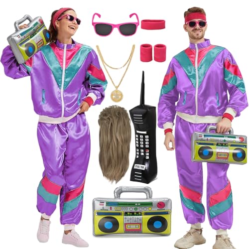 Mrsclaus 80er 90er Jahre Outfit für Herren Damen Jogginganzug Trainingsanzug Kostüm Erwachsene Disco Karneval Partnerkostüme Set mit Pop Rock Perücke Radio Telefon C058M von Mrsclaus