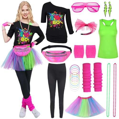 Mrsclaus 80er Jahre Outfit Damen, 90er Faschingkostüm Damen, Aerobic Outfit für Karneval Fastnacht Mottoparty, Tshirt Leggings, Grün Tank Top, Tüllrock Bauchtasche Beinlinge Netzhandschuhe 067-3XL von Mrsclaus