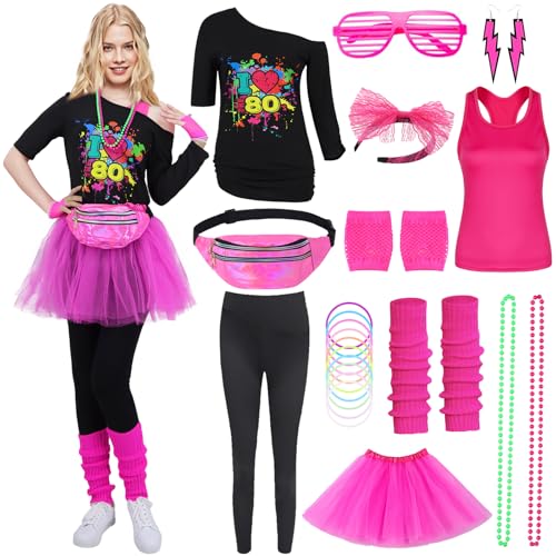 Mrsclaus 80er Jahre Outfit Damen, 90er Faschingkostüm Damen, Aerobic Outfit für Karneval Fastnacht Mottoparty, Tshirt Leggings, Rosa Tank Top, Tüllrock Bauchtasche Beinlinge Netzhandschuhe 066-3XL von Mrsclaus