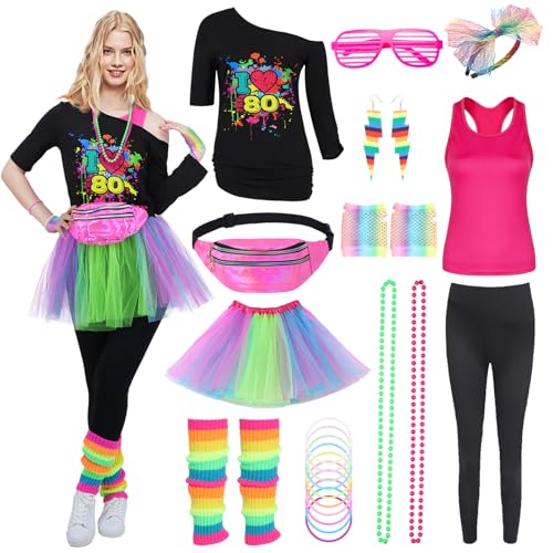 Mrsclaus 80er Jahre Outfit Damen, 90er Faschingkostüm Damen, Aerobic Outfit für Karneval Fastnacht Mottoparty, Tshirt Leggings, Rosa Tank Top, Tüllrock Bauchtasche Beinlinge Netzhandschuhe 068-3XL von Mrsclaus