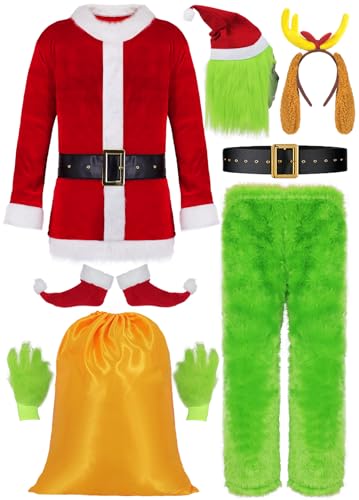 Mrsclaus 9pcs Grünes Monster Weihnachtsmann Kostüm für Männer Grinch Kostüm Herren mit Grünes Maske Weihnachtsmann Mütze Halloween Kostüme Erwachsene C054L von Mrsclaus