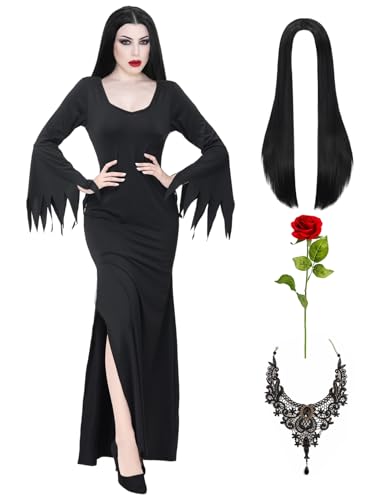 Mrsclaus Morticia Addams Kostüm Damen Halloween Kostüm für Erwachsene Hexe Gothic Vintage Kleid Perücke Schwarz for Addams Family Fledermaus und Perücke Kappen Halskette Rote Rosen CA050L von Mrsclaus