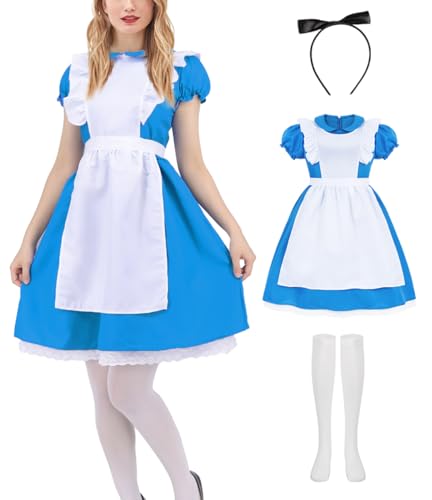 Mrsclaus Alice Kostüm Damen Erwachsene Peter Pan Kragen Blau Kleid Set mit Schürze Stirnband Socken Karneval Wunder Prinzessin Kostüm für Frauen Geburtstag Faschings Cosplay Party mit Zubehör C061S von Mrsclaus