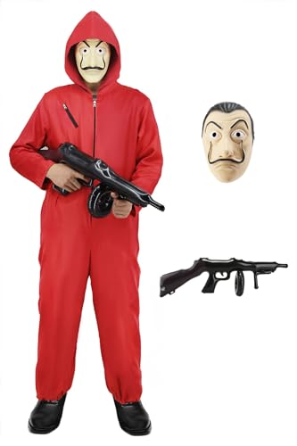 Mrsclaus Bankräuber Kostüm Herren Damen Rot Jumpsuit mit Maske Faschingskostüme Paare Erwachsene Gruppen Partner Kostüme Outfit für Karneval Halloween Party, XXL von Mrsclaus