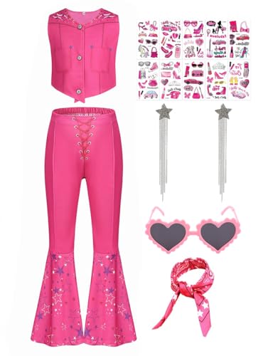 Mrsclaus Cowgirl Kostüm für Mädchen Kinder Cowboy Kostüm Flare Hose mit Schal Brille Ohrringe für Retro 70er 80er Jahre Disco Halloween Fasching Mottoparty Pink PP C038-110 von Mrsclaus