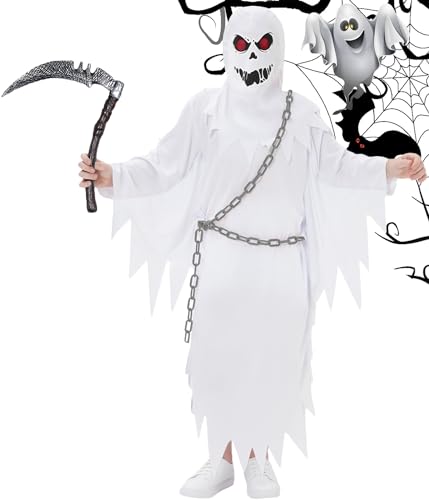 Mrsclaus Geist Kinderkostüm Gespenst Kostüm Geisterkostüm Sensenmann Kostüm Weiß Ghost Robe mit Sichel Plastikkette Jungen Mädchen Halloween Fasching Boo Gruselig Party für Kinder C016M von Mrsclaus