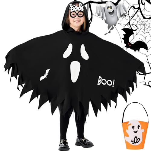 Mrsclaus Gespenst Kostüm Kinder Geister Kostüm Geist Umhang mit Kürbis Tasche Geistergesicht Halloween Fasching Fledermaus Boo Gruselig Party für Kinder Jungen und Mädchen Schwarz C015L von Mrsclaus