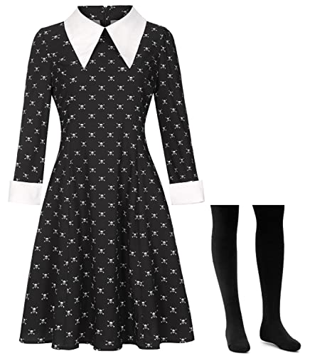 Mrsclaus Halloween Kostüm Damen für addams Family Kleid Schwarz mit Kniestrümpfe Abendkleider Mädchen Fasching Karneval Mottoparty Kostüm C004L von Mrsclaus