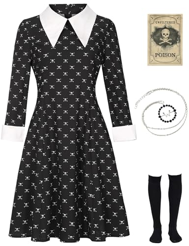 Mrsclaus Halloween Kostüm Damen für addams Family Kleid Schwarz mit Kniestrümpfe Abendkleider Mädchen Fasching Karneval Mottoparty Kostüm C004L von Mrsclaus