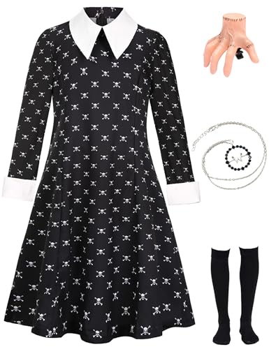 Mrsclaus Halloween Kostüm Kinder Kleid mit Kniestrümpfe Mittwoch Peter Pan Kragen Cosplay Schwarz Mädchen Fasching Karneval Kostüm Mädchen 03XXXL von Mrsclaus