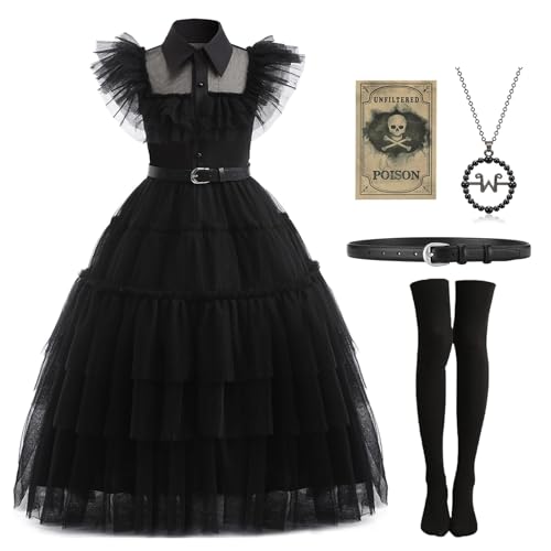 Mrsclaus Wednesday Addams Kostüm für Kinder Mädchen Kleid Schwarz Addams Family Mittwoch Cosplay mit Strümpfe Halskette Aufkleber Fasching Karneval Mottoparty C039-130 von Mrsclaus