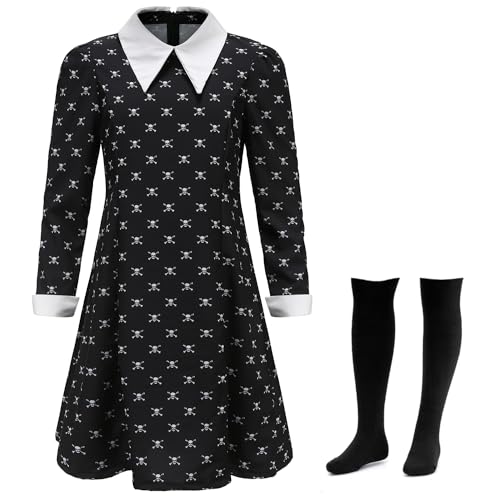 Mrsclaus Wednesday Addams Kostüm Kinder Kleid mit Kniestrümpfe Mittwoch Peter Pan Kragen Addams Family Cosplay Schwarz Mädchen Fasching Karneval Kostüm Mädchen C003XL von Mrsclaus