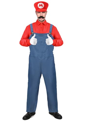 Mrsclaus Herren Super Klempner Kostüm Erwachsene Karneval Halloween Cosplay Kostüm Outfit Overall Hemd Faschingskostüm Männer mit Bart Mütze Handschuhe C044-3XL von Mrsclaus