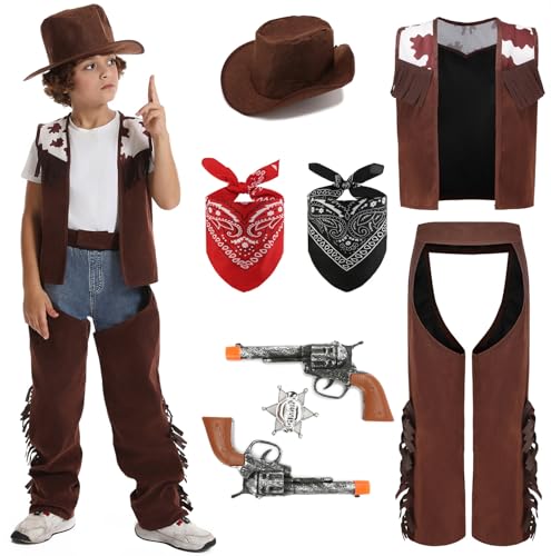 Mrsclaus Cowboy Kostüm Kinder Deluxe Western Karneval Kostüm mit Zubehör Cowboy Weste Hut Bandana Geburtstags Dress Up (9-10 Jahre/130) C046-L von Mrsclaus