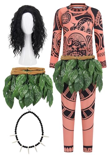 Mrsclaus Maui Kostüm Herren Erwachsene Maori Tattoo Cosplay Outfit mit Blätterrock Männer Fasching Karneval Halloween Kostüm mit Zubehör Perücke Halskette C060L von Mrsclaus