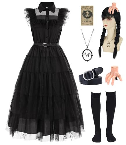 Mrsclaus Mittwoch Kostüm Damen Schwarzes Gotisch Kleid Erwachsener Mittwoch Familie Cosplay Outfit mit Perücke Halskette Haarnadel Socken Karnevalskostüme für Fasching Halloween C064-3XL von Mrsclaus