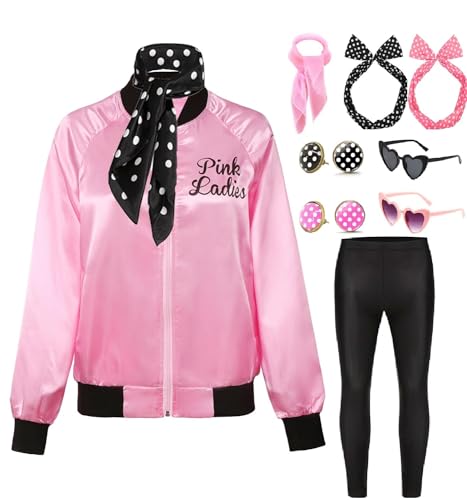 Mrsclaus Pink Ladies Damen 50er Jahre Outfit Schicke Jacke Kostüm Set mit Schwarze Leggings Brille Ohrringe Rock’n Roll Grease Musical Halloween Fasching Kostüm Party C031L von Mrsclaus