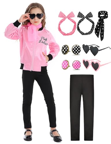 Mrsclaus Pink Ladies Kinder Mädchen 50er Jahre Outfit Schicke Jacke Kostüm Set mit Schwarze Leggings Brille Ohrringe Rock’n Roll Grease Musical Halloween Fasching Kostüm Party C024L von Mrsclaus