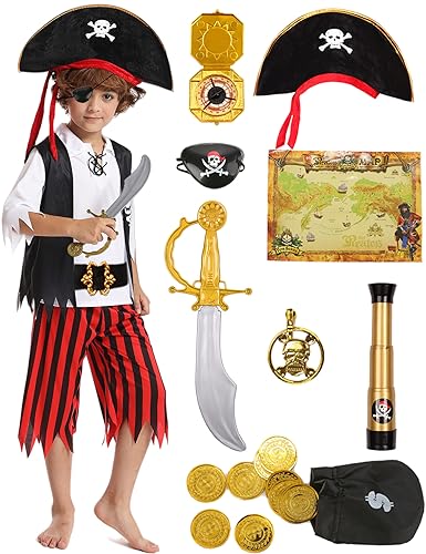 Mrsclaus Piratenkostüm Kinder Piraten Outfit Zubehör Set Jungen Piraten Hut Augenklappe Piraten Kapitän für Karneval Piratenkostüm Party 3 4 5 6 7 8 9 10 Jahre C027M von Mrsclaus